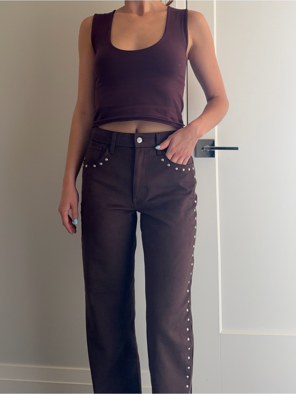 Abercrombie & Fitch Brown Straight-Leg Stud-Trim Pants